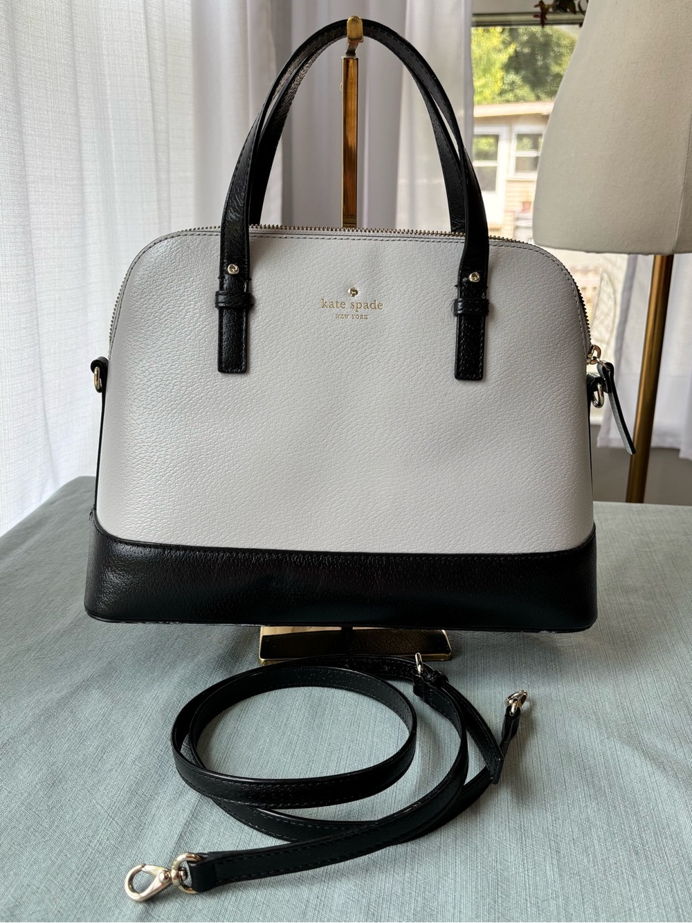 kate spade Black and Dove Gray Leather Dome Satchel with Removable Strap